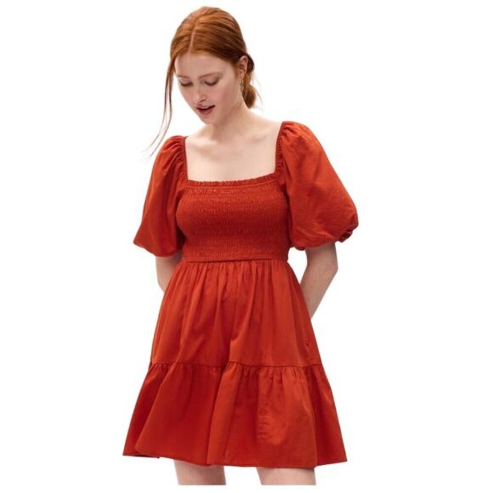 Gap Rust Red Puff Sleeve Smocked Cotton Mini Dress NWT XS